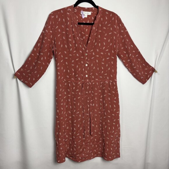 Amour Vert S Coral Red White Floral Tie Front Button V Neck 3/4 Sleeve Dress - Picture 1 of 8